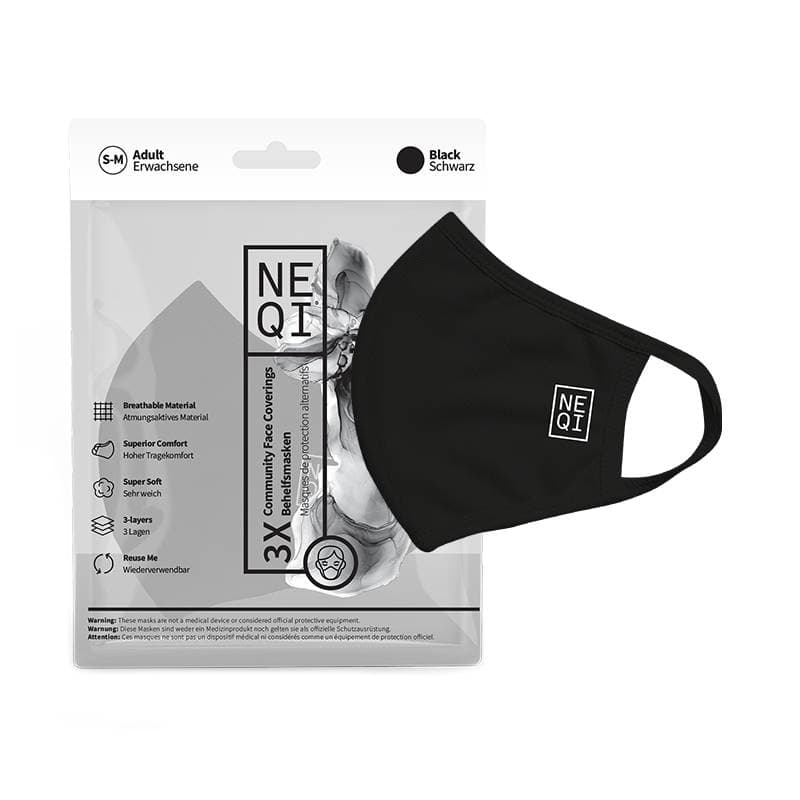 NEQI Face Coverings - Black Small/Medium 3pk