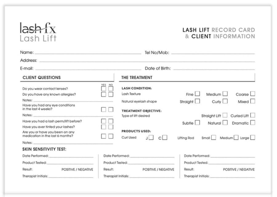 Lash FX - Lash Lift - Lash Lift Record Cards (pack of 25)