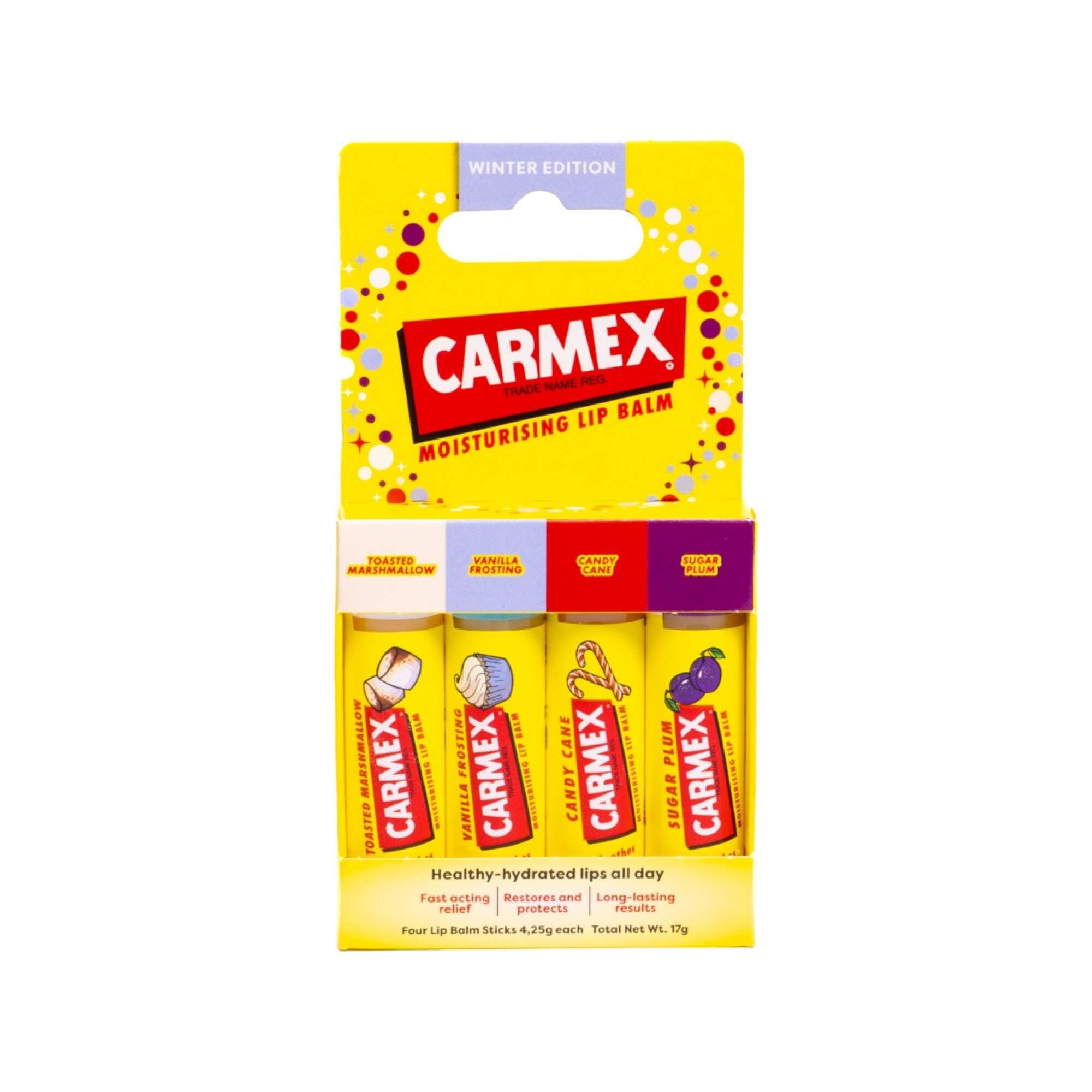 CARMEX - Winter Edition Stick 4 Pack - (Toasted Marshmallow, Vanilla Frosting, Candy Cane, Sugar Plum 4.25g)
