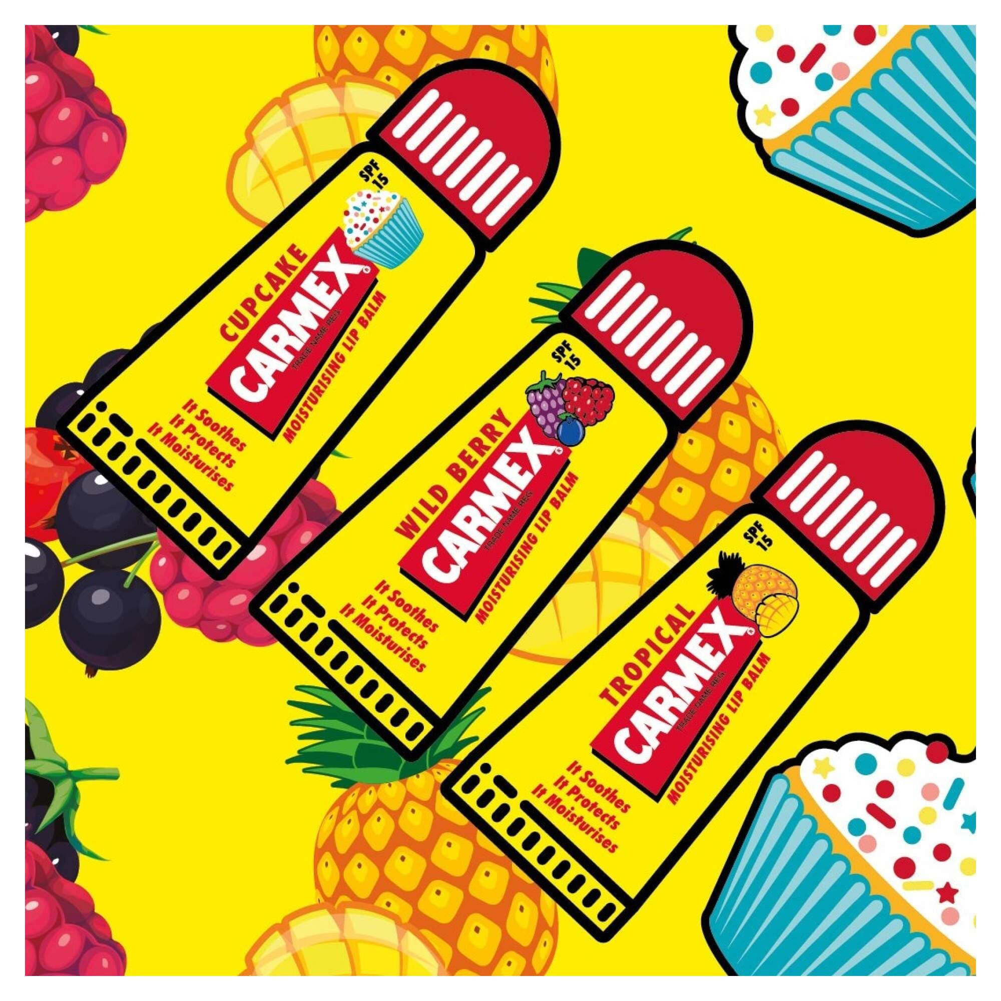CARMEX -  Lip Balm Tube 3pk (5g) -  Tingle Free: Wild Berry, Cupcake & Tropical - Image 2