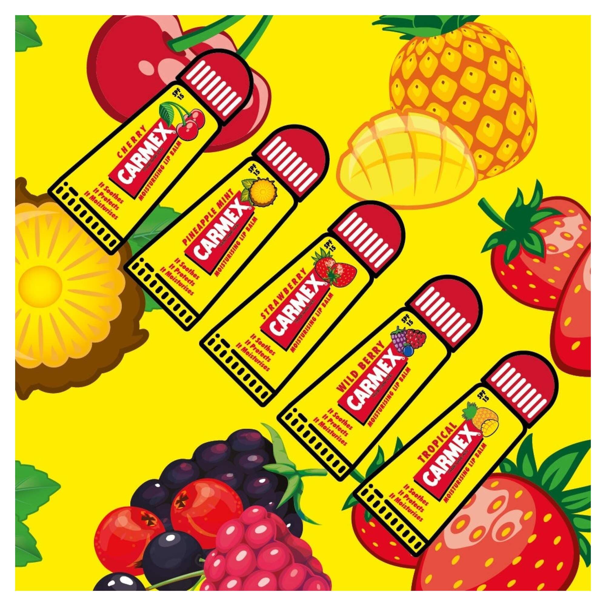 CARMEX -  Lip Balm Tube 5pk (5g) - Cherry, Pineapple Mint, Strawberry, Tropical, Wild Berry - Image 2